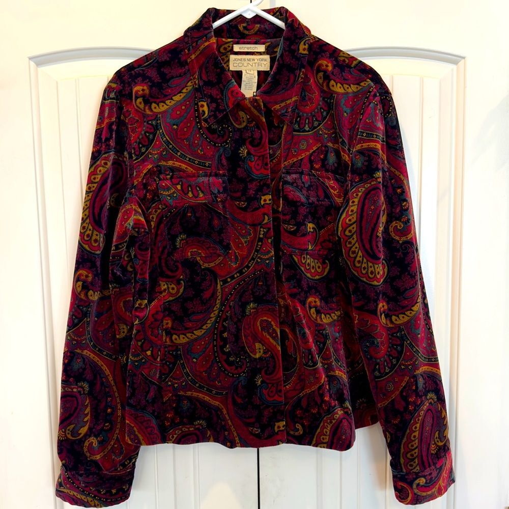 Women’s Jones New York Country Stretch Burgundy Paisley Print Blazer Size 14